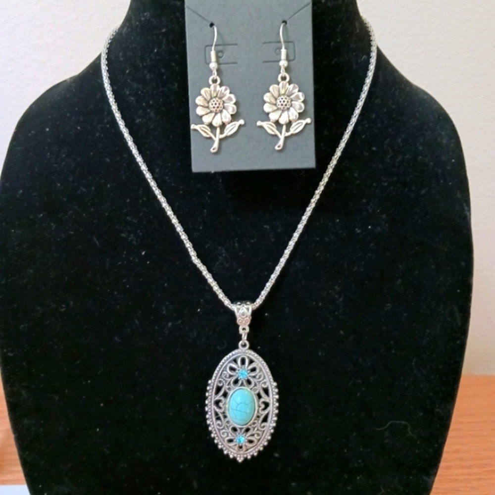 2 item-FAUX TURQUOISE & FLOWER GEMSTONE SILVERTONE NECKLACE & SUNFLOWER EARRINGS